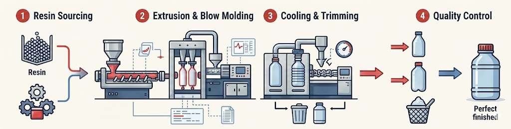Manufacturing process: resin sourcing, extrusion and blow molding, cooling and trimming, quality control